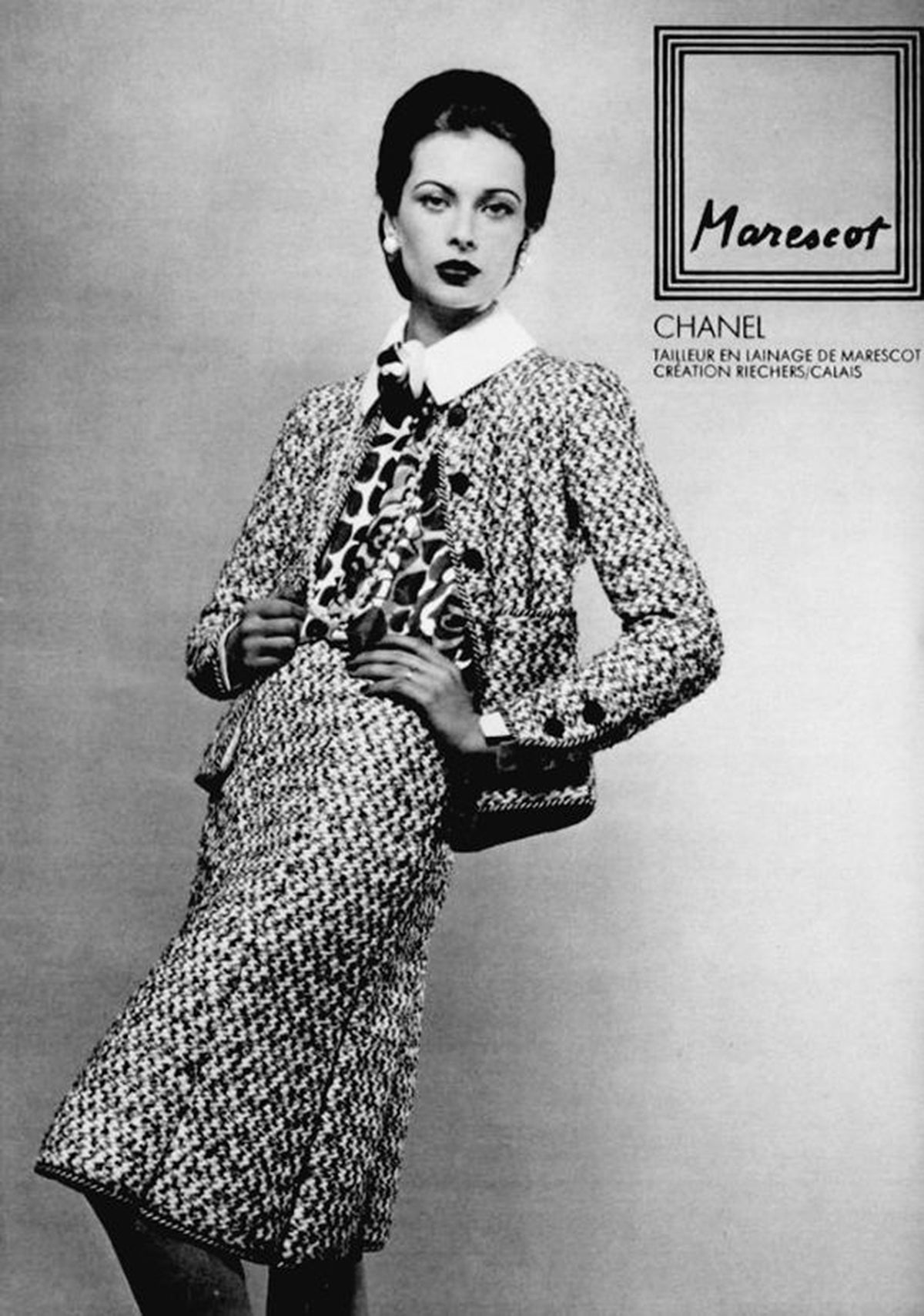 1973 Chanel Haute Couture Red Black Ivory Wool Tweed Jacket & Skirt Suit