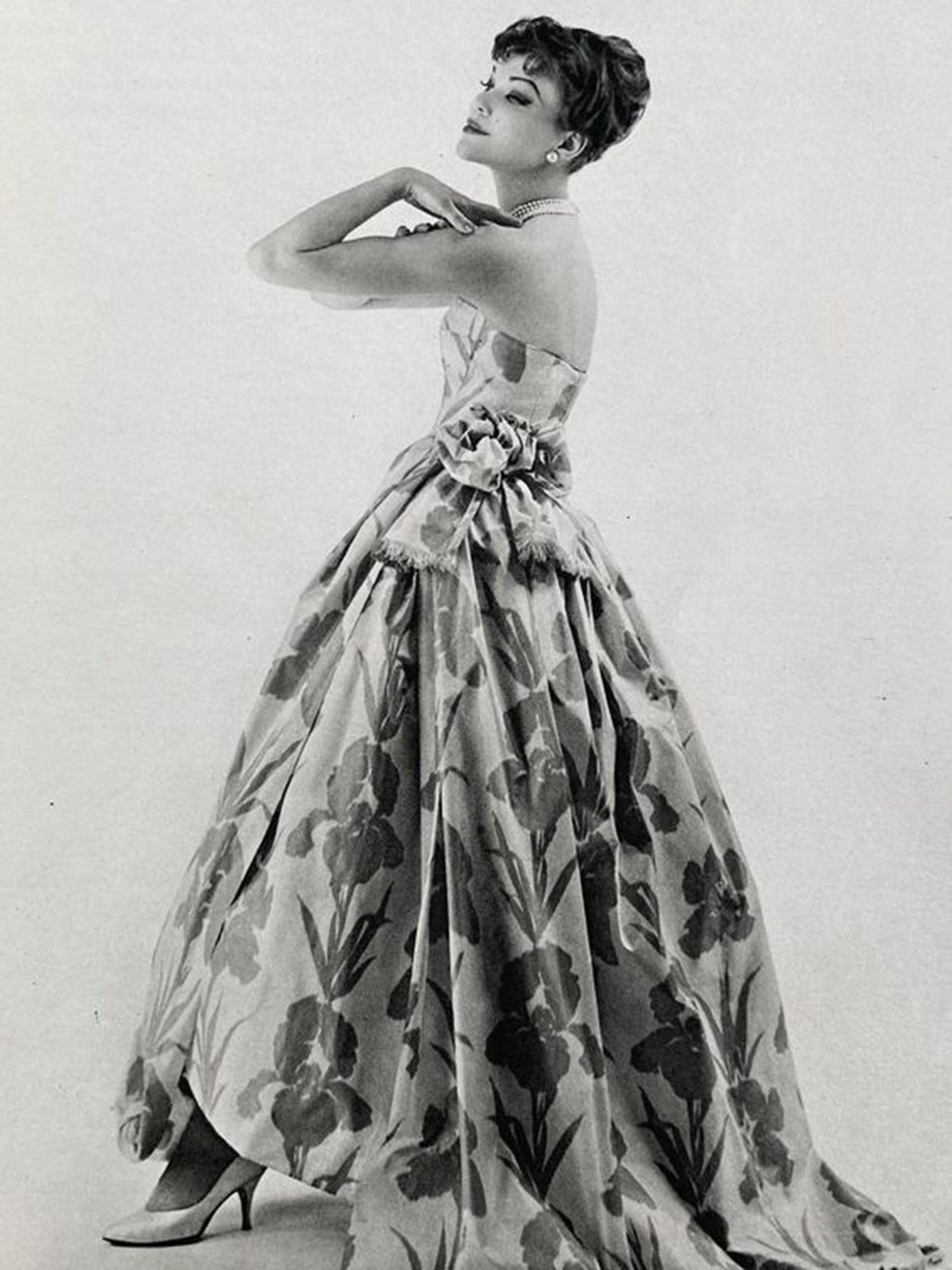 1950's Lanvin Castillo Haute Couture Watercolor Floral Silk Print Full-Skirt Gown