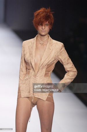 2004 Jean Paul Gaultier Runway Embroidered Blush Pink Corset Jacket & Matching Skirt