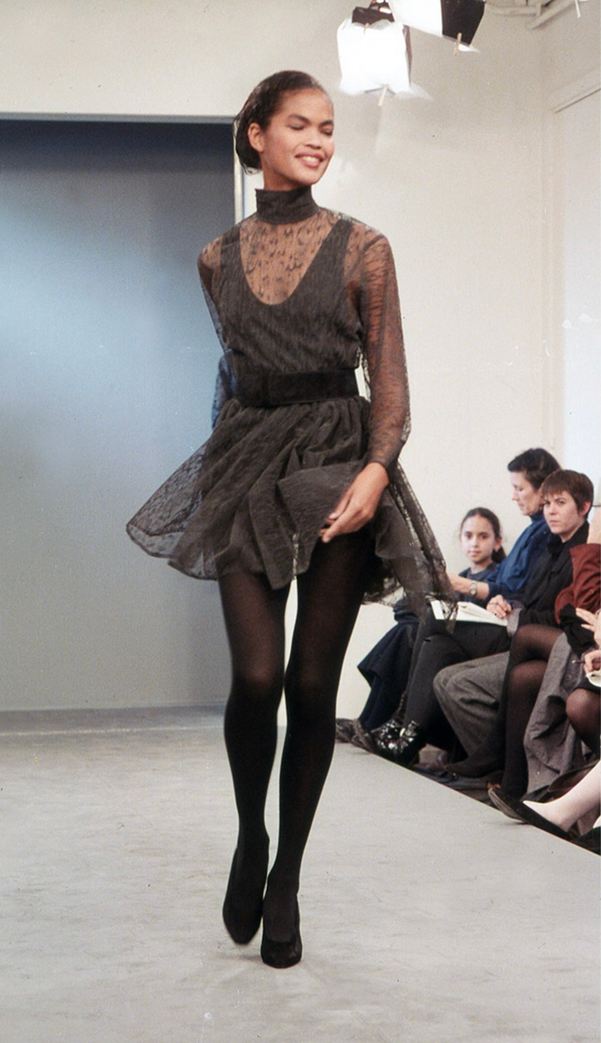 1987 Azzedine Alaia Naomi Campbell Featured Runway Sheer Lace Mini Dress