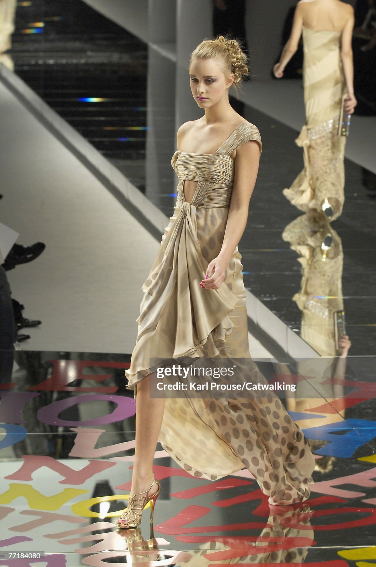 2008 Valentino Runway Polka-Dot Champagne &amp; Silver Silk Ruched Cut-Out Gown