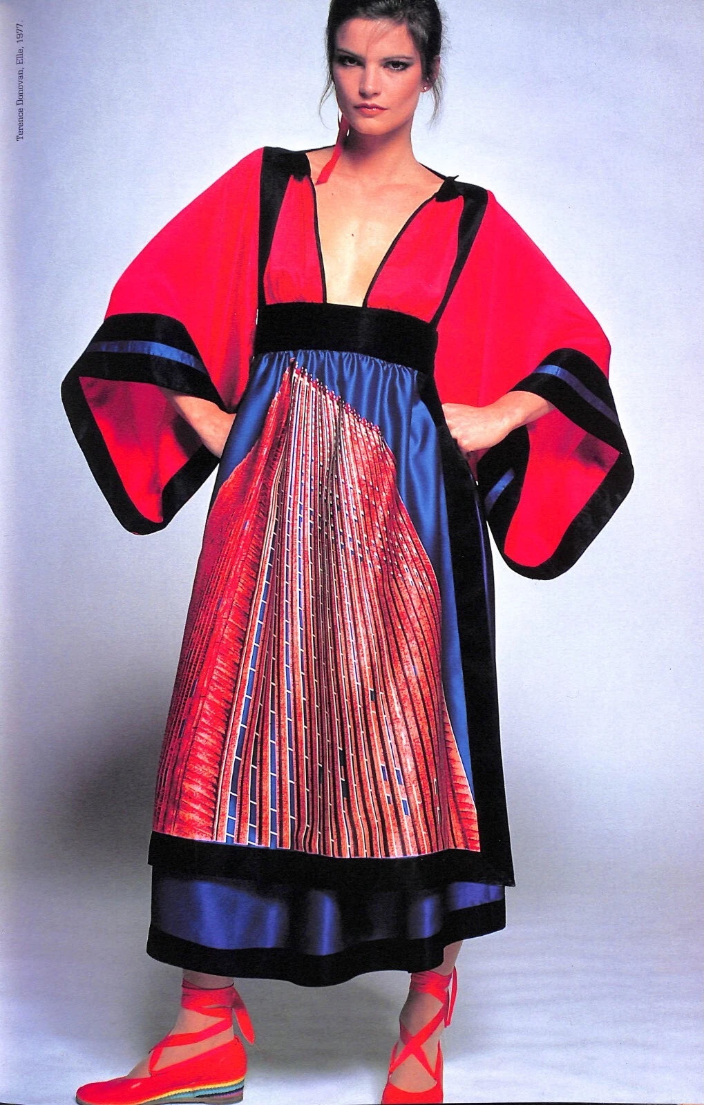 1977 Ungaro Haute Couture Runway Colorful Silk Kimono-Sleeve Tunic Blouse &amp; Skirt Ensemble