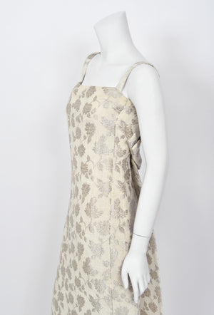 1962 Christian Dior Paris Ivory Silver Floral Silk Brocade Back-Bows Bridal Gown