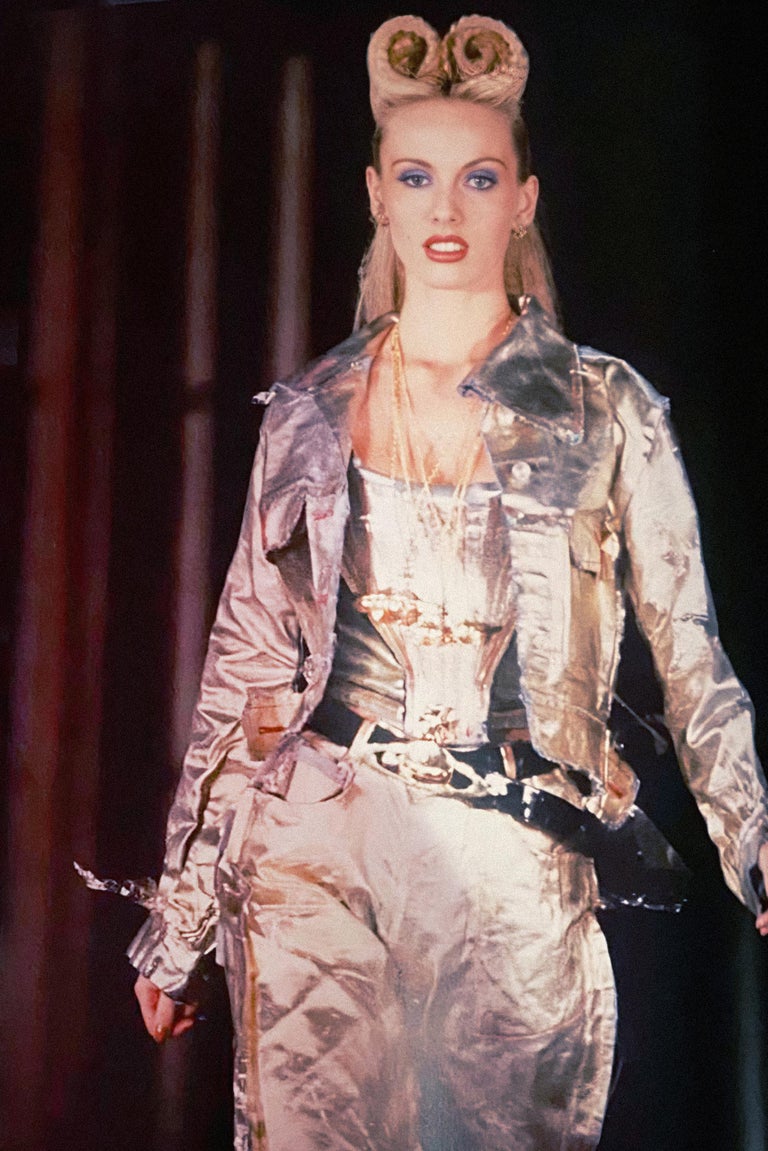 1993 Vivienne Westwood Runway Metallic Foiled Denim Corset Bustier &amp; Matching Pants