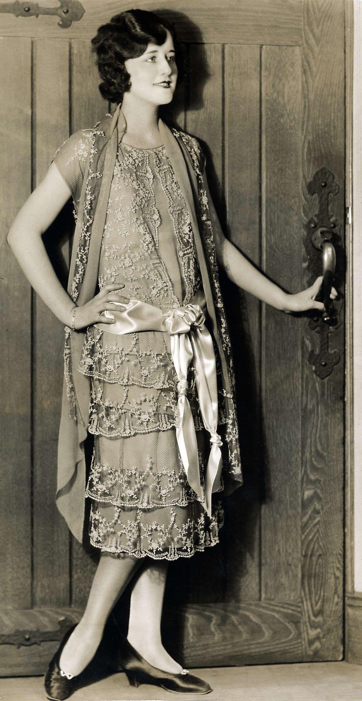 1920's Sheer Ivory Embroidered Floral Motif Net-Tulle Tiered Ruffle 'Robe de Style' Dress