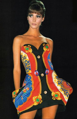 1991 Gianni Versace Documented Runway Baroque Print Silk Strapless Mini Dress