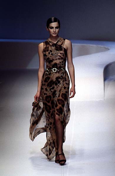 1996 Valentino Runway Editorial Leopard Print Sheer Silk Draped-Sash Gown