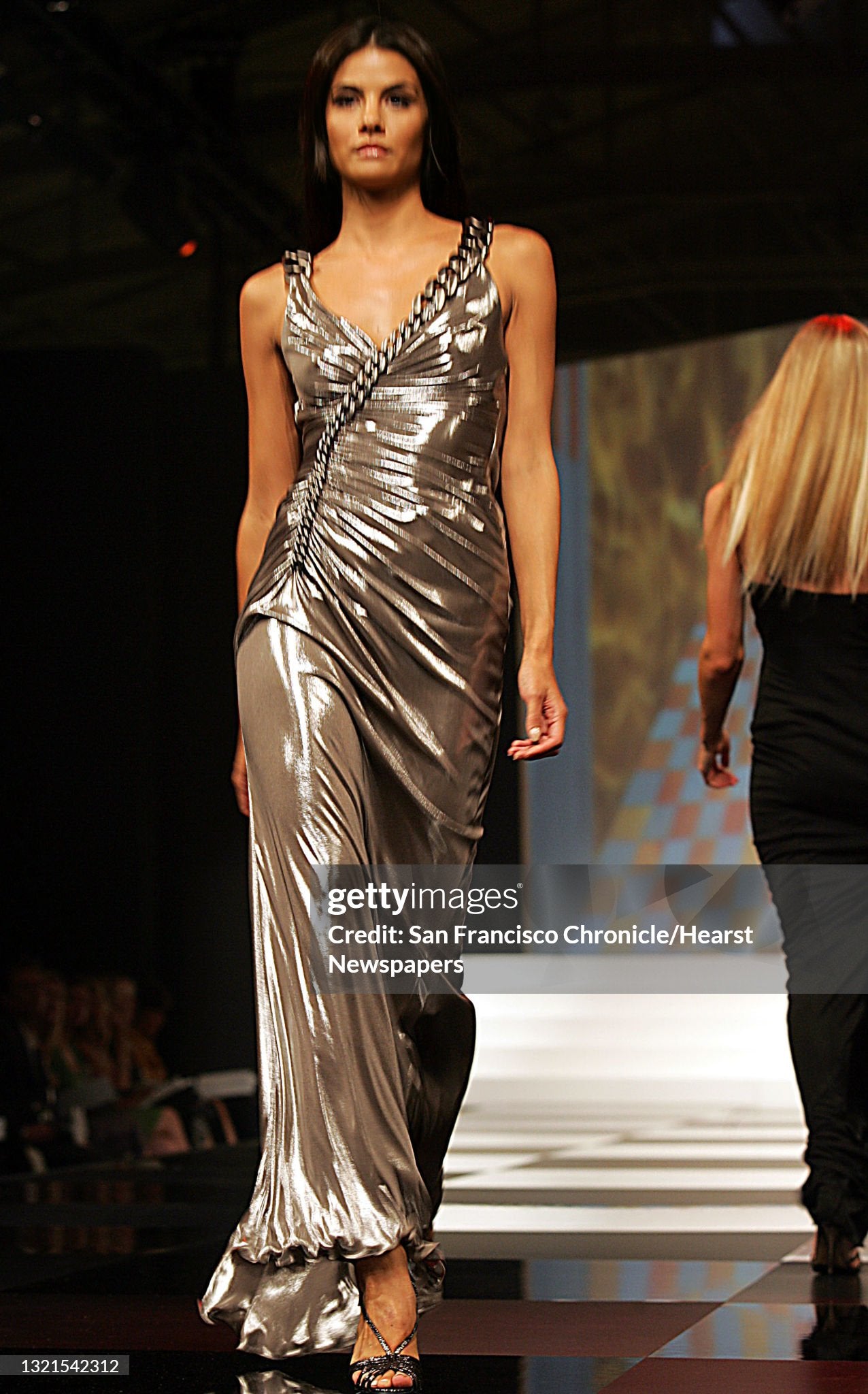 2007 Versace Smokey Metallic Stretch Silk Chain Straps Hourglass Gown
