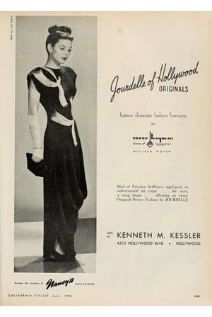 1946 Jourdelle of Hollywood Documented Novelty Firebirds Black Crepe Draped Gown