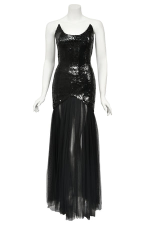 1986 Thierry Mugler 'Hiver Russe' Collection Black Sequin Bustier Sheer Gown