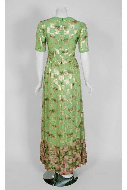 1970&#39;s Valentino Couture Metallic Gold Green Silk Novelty Frog-Print Gown Set