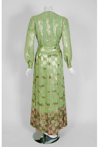 1970&#39;s Valentino Couture Metallic Gold Green Silk Novelty Frog-Print Gown Set