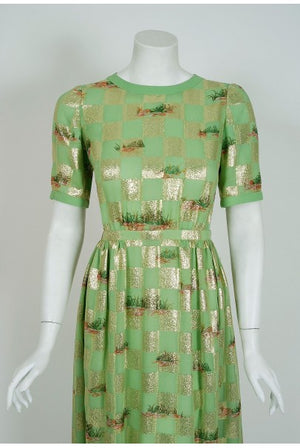 1970's Valentino Couture Metallic Gold Green Silk Novelty Frog-Print Gown Set