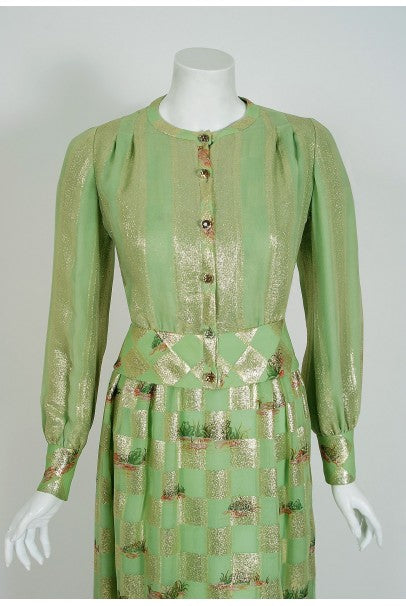 1970&#39;s Valentino Couture Metallic Gold Green Silk Novelty Frog-Print Gown Set