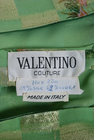 1970's Valentino Couture Metallic Gold Green Silk Novelty Frog-Print Gown Set