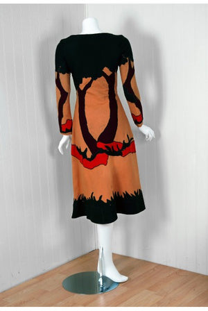 1970 Norma Kamali Couture Rare Scenic Novelty Applique Felt Lace-Up Dress