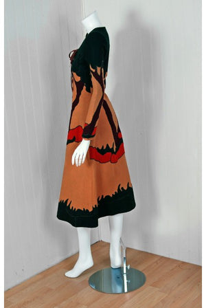 1970 Norma Kamali Couture Rare Scenic Novelty Applique Felt Lace-Up Dress