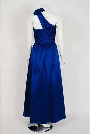 1950's Elegant Sapphire Blue Satin Pleated One-Shoulder Bow Evening Formal Gown
