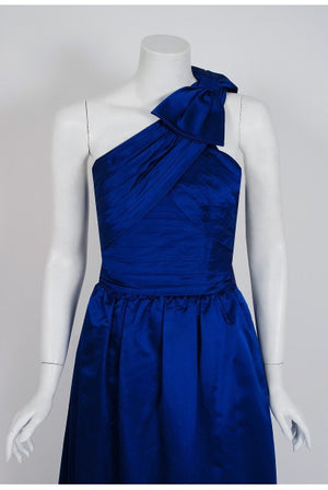 1950's Elegant Sapphire Blue Satin Pleated One-Shoulder Bow Evening Formal Gown