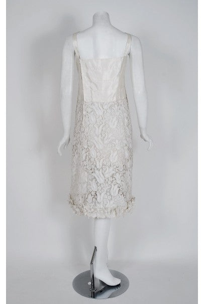 1971 Chanel Haute Couture White Tulip Novelty Lace &amp; Satin Party Dress Ensemble