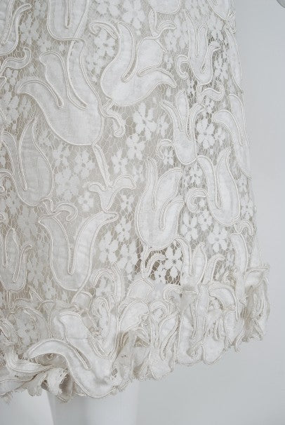 1971 Chanel Haute Couture White Tulip Novelty Lace &amp; Satin Party Dress Ensemble