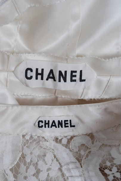 1971 Chanel Haute Couture White Tulip Novelty Lace &amp; Satin Party Dress Ensemble