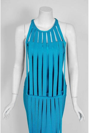 1990's Herve Leger Runway Turquoise Blue Knit Birdcage Cut-Out Bodycon Dress