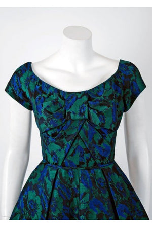 1950's Michael Novarese Blue & Green Floral Garden Print Silk Party Dress