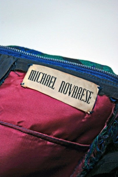 1950&#39;s Michael Novarese Blue &amp; Green Floral Garden Print Silk Party Dress