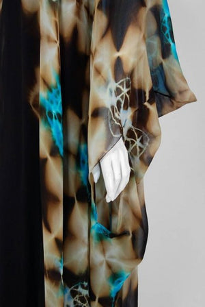 1972 Halston Couture Graphic Tie-Dye Print Silk Bohemian Maxi Dress Caftan