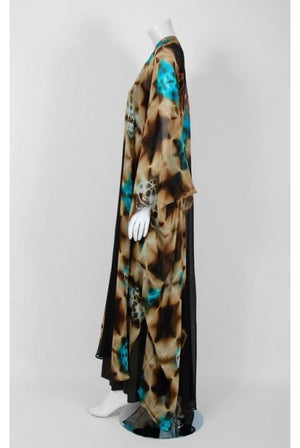 1972 Halston Couture Graphic Tie-Dye Print Silk Bohemian Maxi Dress Caftan