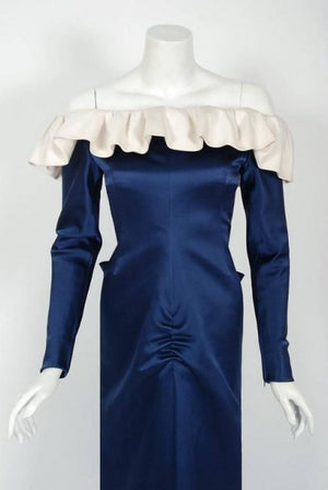 1979 Givenchy Haute-Couture Navy & Ivory Satin Off-Shoulder Ruffle Evening Gown