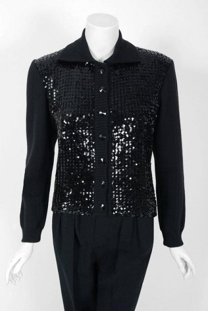 1974 Yves Saint Laurent Sequin Black Wool Sweater Le Smoking Tuxedo Pants Suit