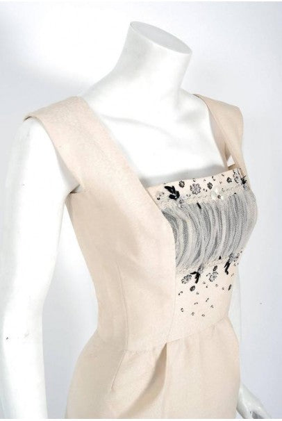 1955 Sorelle Fontana Couture Beaded Ivory Silk Tulle Shelf-Bust Cocktail Dress