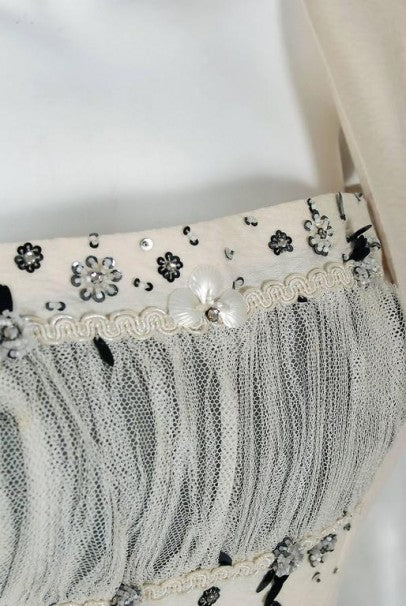 1955 Sorelle Fontana Couture Beaded Ivory Silk Tulle Shelf-Bust Cocktail Dress