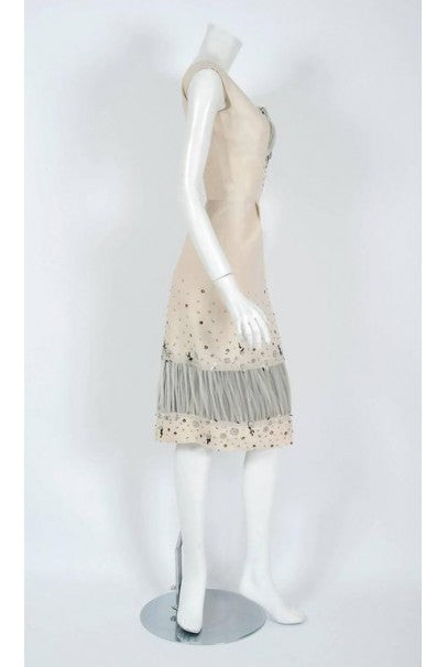 1955 Sorelle Fontana Couture Beaded Ivory Silk Tulle Shelf-Bust Cocktail Dress