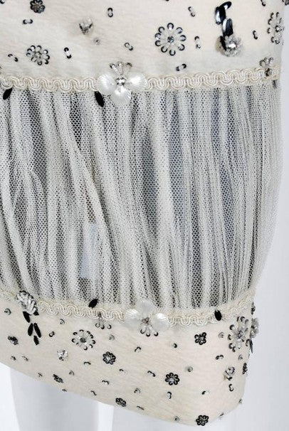 1955 Sorelle Fontana Couture Beaded Ivory Silk Tulle Shelf-Bust Cocktail Dress