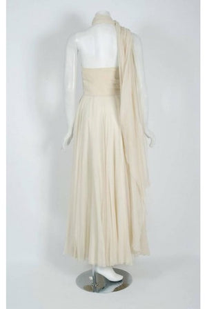 1940's Saks Fifth Avenue Ivory-Creme Beaded Chiffon One-Shoulder Goddess Gown