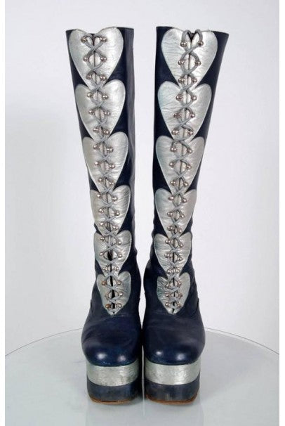 1970's Blue & Silver Leather Novelty Hearts Knee-High Platform Glam-Rock Boots