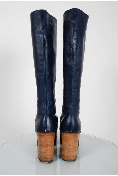 1970&#39;s Blue &amp; Silver Leather Novelty Hearts Knee-High Platform Glam-Rock Boots