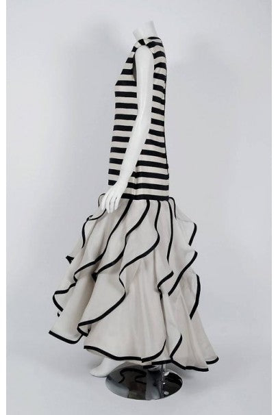 1987 Pierre Balmain Haute-Couture Black Ivory Striped Satin &amp; Organza Gown
