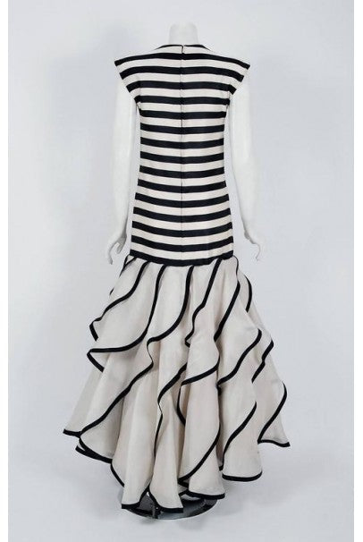 1987 Pierre Balmain Haute-Couture Black Ivory Striped Satin &amp; Organza Gown