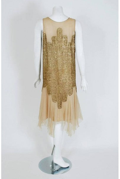 1925 Elspeth Champcommunal Haute-Couture Metallic Gold Lame Silk Flapper Dress