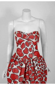 1971 Givenchy Haute-Couture Red White Abstract Silk Strapless Gown &amp; Bolero