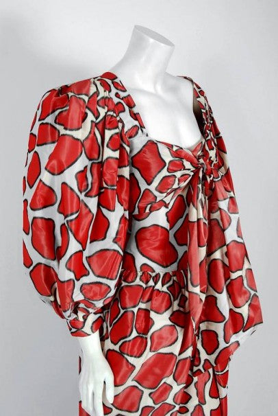 1971 Givenchy Haute-Couture Red White Abstract Silk Strapless Gown &amp; Bolero