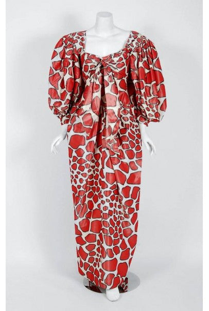 1971 Givenchy Haute-Couture Red White Abstract Silk Strapless Gown &amp; Bolero