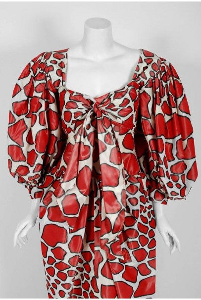 1971 Givenchy Haute-Couture Red White Abstract Silk Strapless Gown &amp; Bolero