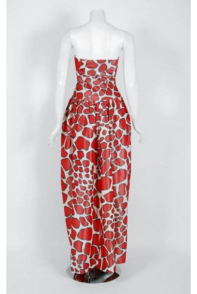 1971 Givenchy Haute-Couture Red White Abstract Silk Strapless Gown &amp; Bolero