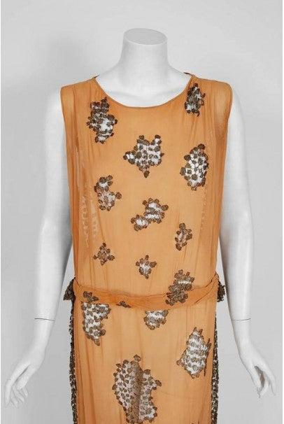 1920's Goupy Haute-Couture Tangerine Silk & Metallic-Gold Lace Flapper Dress
