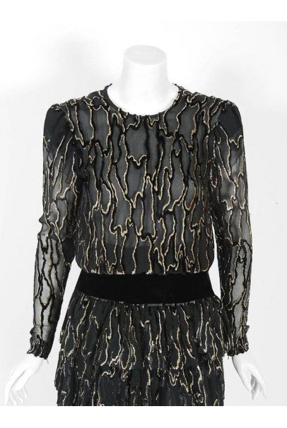1979 Givenchy Haute-Couture Metallic Gold & Black Burnout Velvet Tiered Dress